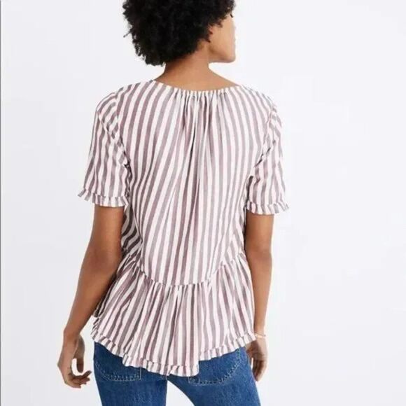 🌞 Madewell 🌞 'Stanza' Ruffle-Hem Stripe Top - [Small in Berry/White Stripe] - Picture 3 of 15